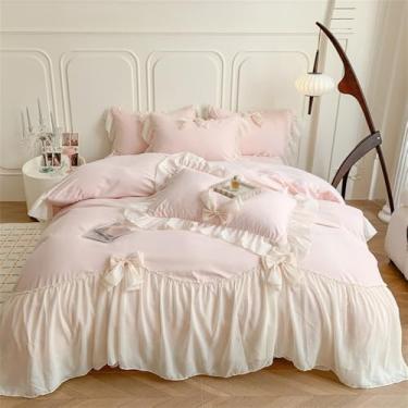 Imagem de XLCZMYL Jogo de cama estilo princesa laço rosa doce menina chiffon babados capa de edredom fronha casamento têxtil, 1, tamanho casal EUA 4 peças