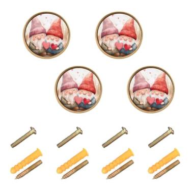 Imagem de Burbuja Maçanetas de armário de cozinha Valentine Love Gnomos, pacote com 4, puxadores redondos de 3,5 cm, puxadores de cômoda com parafusos para armários de cozinha, quarto, armário