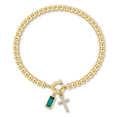 Imagem de Korotho Pulseira de pedra de nascimento cruzada para mulheres – Pulseiras elásticas delicadas banhadas a ouro 14 K, modernas, à prova d'água, não mancham, joias de aniversário, Natal, meias para mães