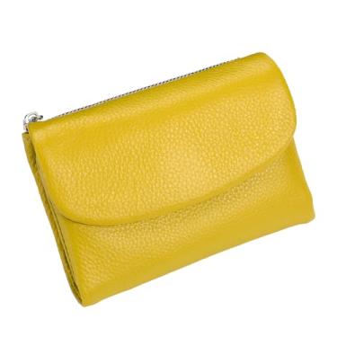 Imagem de Carteira unissex de couro seixo, porta-cartão de moeda de couro legítimo curto de 14 cm, bolsas de mão unissex, pode guardar moedas, cartões de identificação, Amarelo, 5.31in x 3.94in x 1.18in