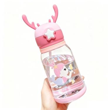 Imagem de Garrafa Infantil com Canudo 500 ml Desenho de Alce Antivazamento Resistente Alça de Transporte Ideal para Escola e Passeios (Rosa)