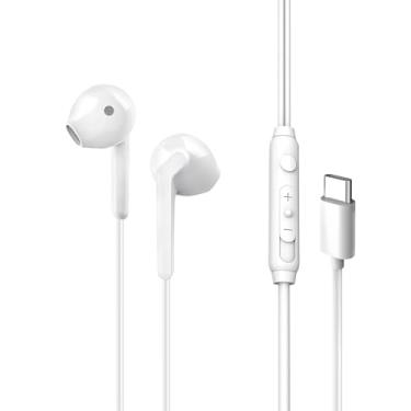 Imagem de Fone de ouvido com fio com controle de volume do microfone para smartphone, compatível com Samsung/Iphone15 16 17/iPad/mesa/laptop (metade na orelha, conector tipo C, branco)