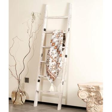 Imagem de Escada de cobertor para sala de estar, suporte de colcha decorativo de madeira para quarto, toalheiro inclinado para banheiro, escadas rústicas de fazenda para exibição. (lavagem branca)