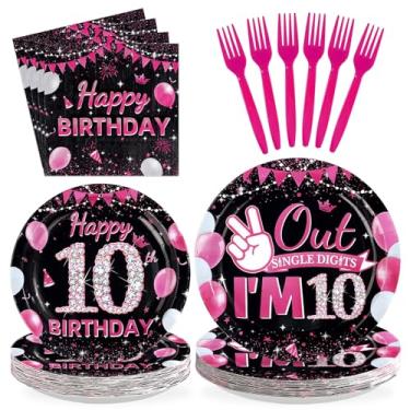 Imagem de Greencian 96 peças suprimentos para festa de 10 anos preto e rosa choque pratos guardanapos e garfos diamante I'm 10 conjunto de talheres de papel descartável para meninas 10 anos de idade suprimentos