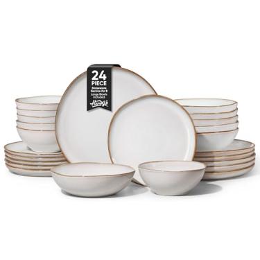 Imagem de Herogo Conjunto de jantar com 24 peças, pratos e tigelas, utensílios de jantar de grés para 6, utensílios de mesa de cerâmica, incluindo pratos de salada, tigelas de sopa, seguro para micro-ondas e