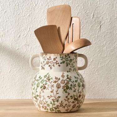 Imagem de JIEMEI HOME Suporte de utensílios de cozinha com alça, pote de cerâmica floral pastoral estável de 17,4 cm para bancada, organizador de utensílios com fundo de cortiça, suporte de espátula para