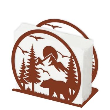 Imagem de SUPERDANT Suporte de guardanapo urso na montanha para mesas tema da natureza dispensador de papel em pé guardanapo de papel para cozinha mesa de jantar bancada suporte de metal para piquenique ao ar
