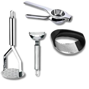 Imagem de Kit 5 Peças Inox Cozinha | Amassador Batata e Alho, Descascador, Espremedor Limão e Ralador 4 Faces(KIT 4 PEÇAS LIMÃO)