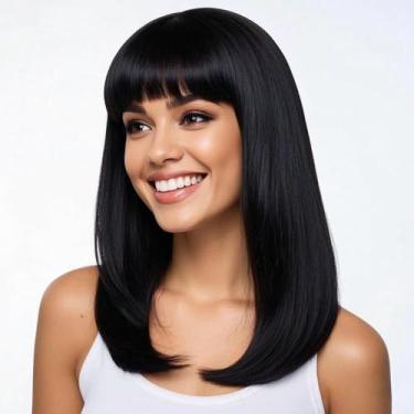 Imagem de XCHJH Perucas curtas Bob com franja reta preta para mulheres 40,6 cm peruca sintética sem cola comprimento do ombro cabelo resistente ao calor Bob perucas para mulheres cabelo natural para uso diário