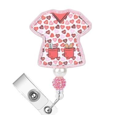 Imagem de Porta-crachá de dia dos namorados para enfermeira, carretel retrátil de uniforme de enfermeira vermelho para enfermagem, crachá de glitter acrílico com clipe jacaré, acessórios de trabalho presente