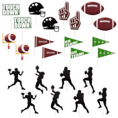 Imagem de Sucrain 24 peças de topos de cupcake de futebol, palitos com tema de bola de pé descartáveis, palitos de coquetel para festa de aniversário do SuperBowl, dia de jogo, decorações de porta traseira