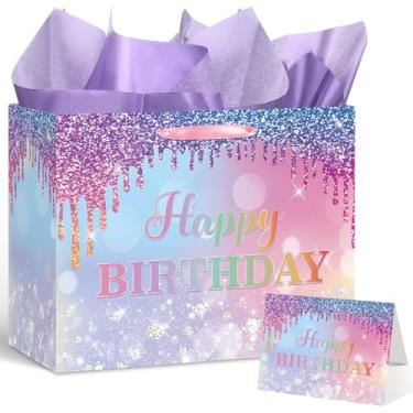 Imagem de Yoirrat Bolsa de presente de aniversário Ombre para mulheres, meninas, grande, rosa, roxo, azul, glitter, feliz aniversário, com papel de embrulho e cartão para sereia, unicórnio, arco-íris, artigos