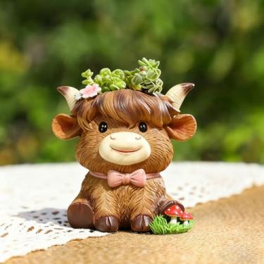 Imagem de Kudriod Vaso de suculentas de vaca Highland com orifício de drenagem e plugue, mini vaso de flores de vaca de resina para plantas internas e externas, lindo vaso de animais para decoração de casa e