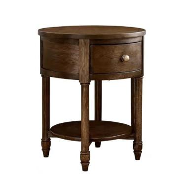 Imagem de KXPSWGE Mesa de cabeceira de fazenda com gavetas, mesa de canto de madeira vintage com prateleira de madeira aberta, design de coluna romana, mesa de canto de sofá rústica para quarto, sala de estar