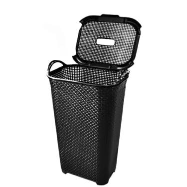 Imagem de Cesto de Roupa de Plástico Imitando Rattan Grande - com Tampa Basculada, Cor Preta, Organizador Funcional para Ambientes Domésticos