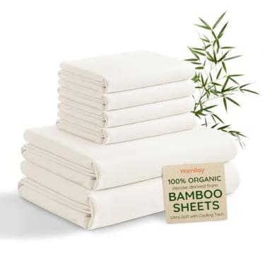Imagem de Homilay Jogo de cama Queen 6 peças 100% viscose derivado de bambu, roupa de cama macia e sedosa com bolso profundo de até 16, lençóis de cama refrescantes orgânicos e certificados Oeko-TEX, creme