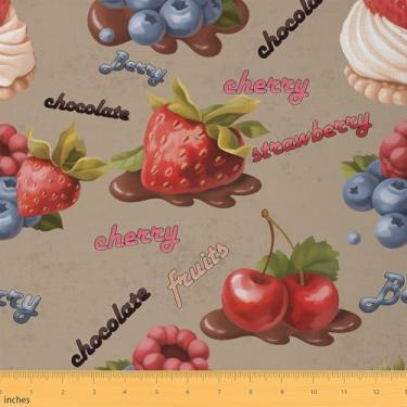 Imagem de Tecido de morango da Yard Delicioso tecido decorativo de chocolate de framboesa cereja para crianças, adolescentes, adultos, hora do chá, frutas, creme doce, tecido para cama, ambientes externos