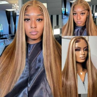 Imagem de Peruca de cabelo humano com renda frontal para mulheres, realce marrom chocolate HD transparente liso frontal perucas de cabelo humano pré-arrancado 180% densidade sem cola #6/613 peruca de cabelo