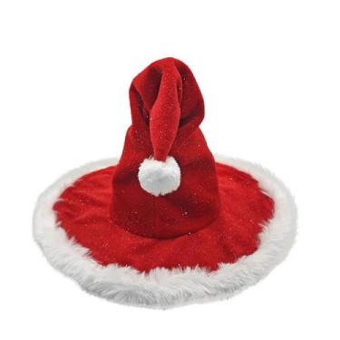 Imagem de Chapéu de bruxa de Natal em feltro vermelho com pompom branco para cos