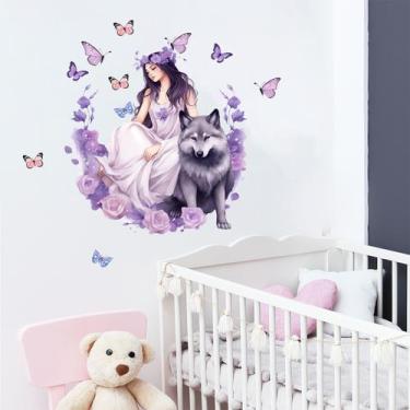 Imagem de Adesivo de parede Floral Wolf Girl and Butterfly PVC 29x47cm - yiweisa