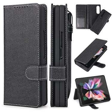 Imagem de Estojo destacável para Samsung Galaxy Z Fold 3 Fold 4 Moda Couro PU Magnetic Kickstand Cover com Stylus, padrão cruzado preto, para Samsung Z Fold 3