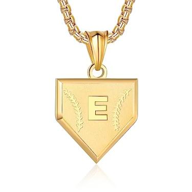 Imagem de Colar com inicial A-Z para meninos, aço inoxidável, com pingente de escudo de letras, corrente de 52 + 5 cm inspiradora de beisebol, joia de presente para homens, Ouro, Sem Pedra Preciosa
