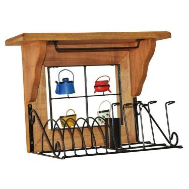 Imagem de Paneleiro De Parede Escorredor De Pratos E Talheres Rústico De Madeira E Ferro Panela