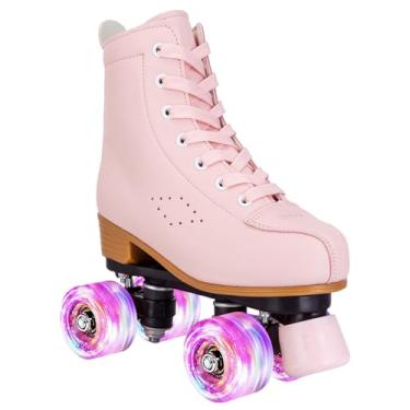 Imagem de YYW Patins para meninas e mulheres, fantásticos patins de couro PU rosa roxo iluminados para crianças, jovens, patins de patins para uso interno e externo para meninas de 8 a 12 anos (34-jovens 3,