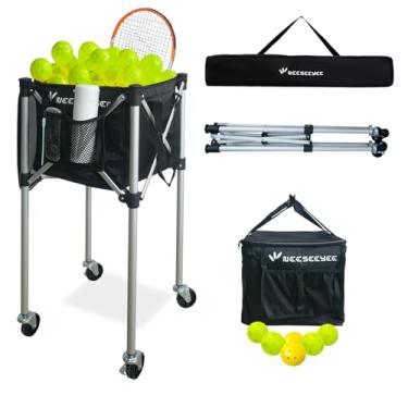 Imagem de NEESEEYEE Bola de tênis portátil Hopper cesta de bola de tênis com rodas comporta até 160 raquete, pickleball, beisebol, badminton
