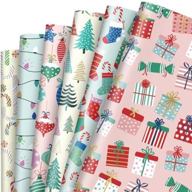 Imagem de JarThenaAMCS 12 folhas de papel de embrulho de Natal – não rolo – bola de árvore de Natal, papel de embrulho de bengala doce, colorido, dobrado, para embalagem de festa de aniversário de inverno, 70 x