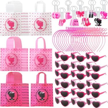 Imagem de Clysee 72 peças rosa kit de lembrancinhas de festa rosa rosa choque princesa suprimentos de festa 18 rosa meninas doces doces sacos com alça 18 óculos de sol coração 18 coroa tiara 18 chaveiro
