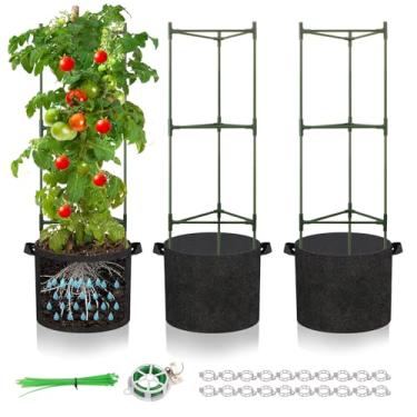 Imagem de SOUNDVALUE Pacote com 3 gaiolas de tomate com sacos de cultivo de 10 galões, treliça de tomate ajustável de 122 cm de altura com laço torcido de 15 m, gaiolas de tomate resistentes para flores de