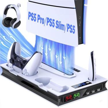 Imagem de Suporte para PS5 com 2 Ventoinhas de Resfriamento, Estação de Carregamento de Controle Duplo Rápido PS5, Acessórios PS 5, Suporte Vertical para PS5/PS5 Slim/Pro