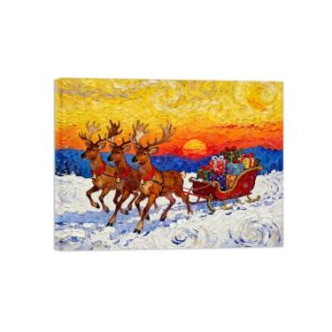 Imagem de Pinturas em tela Natal-Quadros Decoração de Parede-Veado puxando trenó-Inverno Paisagens Impressões para Sala de Estar 60x80cm Tela Embrulhada