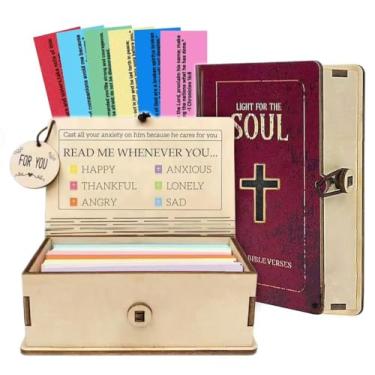 Imagem de Caixa de madeira feita à mão com versículo da Bíblia, 150 peças de cartões de versículo da Bíblia para emoção e sentimento, cartões de oração das escrituras para mulheres e homens, presente para a