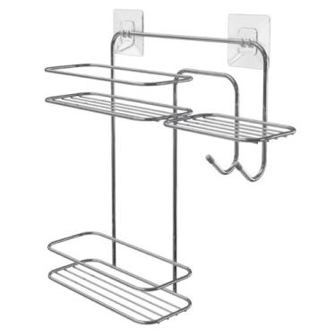 Imagem de Suporte de Parede Duplo P/Banheiro, Prateleira com Gancho, Fixação Adesiva Parede, Organizador de Lavabo P/Shampo Condicionador Sabonete (Prata)