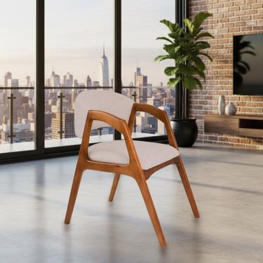 Imagem de Cadeira De Jantar Estofada Gabriela Em Madeira E Mdf Cerejeira Linho Bege