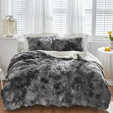 Imagem de Conjunto de edredom King tamanho king de inverno de pele sintética de inverno com 2 fronhas, ultramacio e fácil de cuidar, luxuoso, quente, super fleece sherpa, branco com preto