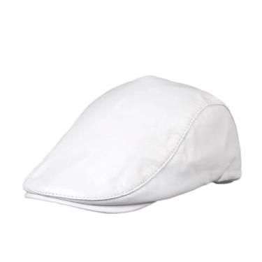 Imagem de Boina masculina de couro genuíno boina fina boina casual boné de caminhoneiro, Branco, L(55-56)cm