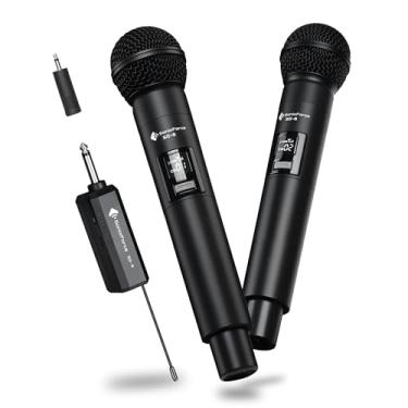 Imagem de SonixForce Microfone sem fio – Microfone de karaokê para cantar – Microfone portátil dinâmico duplo recarregável com receptor – Microfone sem fio de alcance de 73 metros para alto-falante, mixer
