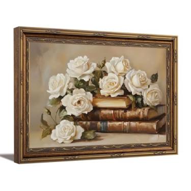 Imagem de Arte de parede vintage com moldura dourada de livros e flores, decoração de parede floral rosa branca antiga, imagem Moody Dark Academia, pôster impresso para amantes de livros, sala de estar e quarto