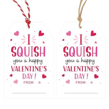 Imagem de Anwyll Etiquetas de presente de Dia dos Namorados - 50 peças, etiquetas de Feliz Dia dos Namorados com cordão Nome do Dia dos Namorados da Tag I Squish You A Happy Valentine's Day Tag para embrulhar