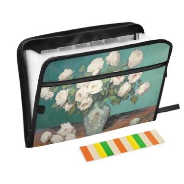 Imagem de Wassud White Roses Organizador de arquivos sanfonado com 13 bolsos, pastas expansíveis com abas e adesivos, tamanho carta A4, organizador de pastas de documentos de recibo de papel para viagens de