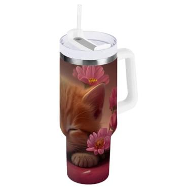 Imagem de Kigai Copo de 1,134 g com alça, copos isolados de gato fofo com tampa e canudo, garrafa de água esportiva de metal grande, caneca de café de viagem de aço inoxidável