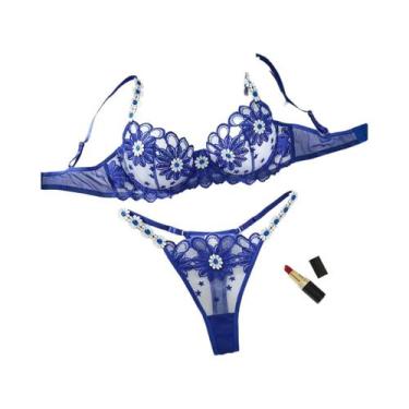 Imagem de Conjunto De Lingerie Sexy Com Padrão De Margarida Azul, Confortável, E