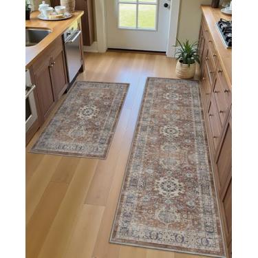 Imagem de LUMI Conjunto de tapetes de cozinha Boho 2 peças laváveis antiderrapantes tapete de cozinha macio e amigo da pele, fácil de limpar, adequado para cozinhas, pias, corredor, lavanderia, terracota quente