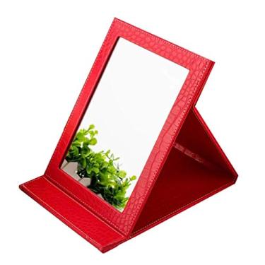 Imagem de Espelho de penteadeira espelho de maquiagem de mesa, espelho de mesa dobrável com capa acolchoada de couro PU com suporte de moldura de couro sintético - espelho de beleza retangular (cor: vermelho