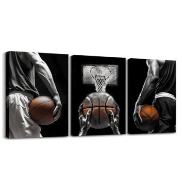 Imagem de Decorações de parede de basquete cesta de basquete 3 peças arte de parede para sala de estar 40,64 cm C x 30,5 cm L cada, jogador, bola esportiva europeia, jogos competitivos, trabalho em equipe