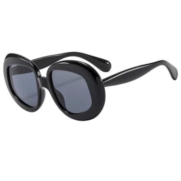 Imagem de HCHES Óculos de Sol Redondos Femininos de Luxo com Armação em Degradê e Cores Contrastantes, Estilo Retrô, Proteção UV400 (Preto)