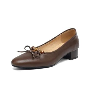Imagem de TinaCus Sapato feminino de bico redondo, sem cadarço, de couro legítimo, feito à mão, salto baixo, Marrom, 36